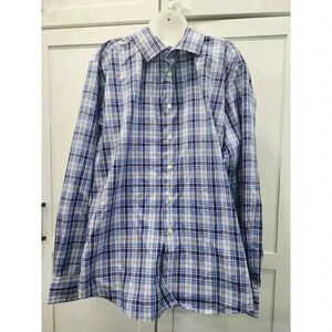 Egara Non Iron Slim Fit Button Up Shirt XXL Blue Checkered Long Sleeves Collared